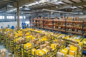 Interior of a large automated warehouse and logistics facility